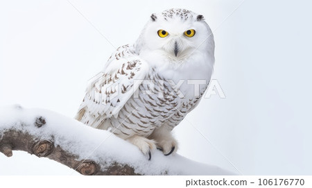 Solitary snow owl photo realistic illustration - Generative AI. 106176770