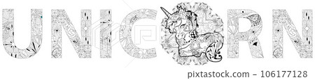 Word UNICORN. Vector decorative zentangle object. Hand-painted art design Word UNICORN. Vector decorative zentangle object. Hand-painted art design 106177128