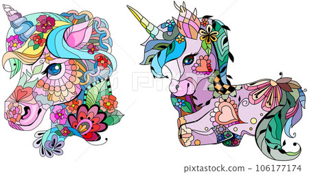 Set of cute cartoon unicorns. Fantastic animal. For the design of prints, posters, stickers, tattoos. 106177174