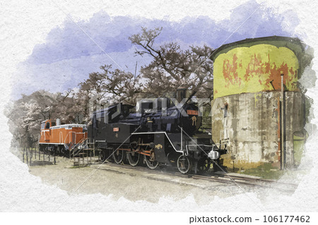 Watercolor-style Wakasa Station DD16 and C12 and water tower Wakasa-cho, Yazu-gun, Tottori Prefecture 106177462