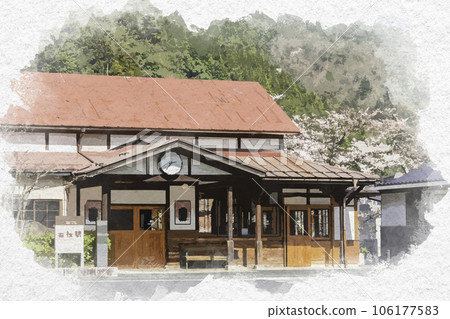 Watercolor-style Wakasa Station station building, Wakasa-cho, Yazu-gun, Tottori Prefecture 106177583