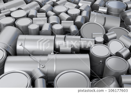 Pile of spray paint cans on black background. Spray bottle and dispenser 106177603