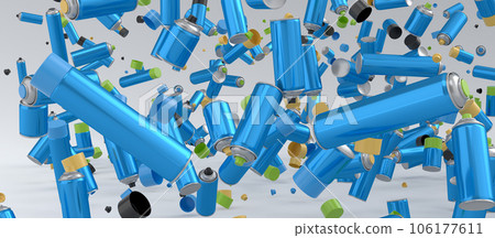 Lots of flying spray paint cans on white background. Spray bottle and dispenser Lots of flying spray paint cans on white background. Spray bottle and dispenser 106177611