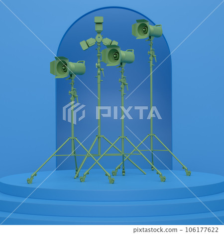 Abstract scene with photography studio flash on a lighting stand on monochrome Abstract scene with photography studio flash on a lighting stand on monochrome 106177622