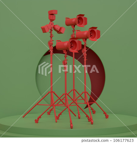 Abstract scene with photography studio flash on a lighting stand on monochrome 106177623