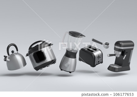 Kitchen appliances and utensils for making breakfast on white background 106177653