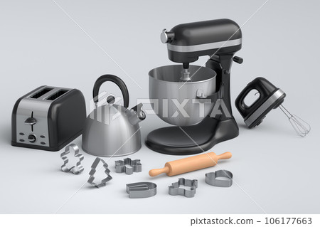 Mixer and bowl with kitchen utensil for preparation of dough on white 106177663