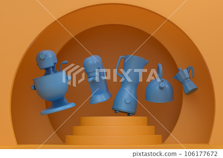 Abstract scene or podium with kitchen appliances and utensils on monochrome. Abstract scene or podium with kitchen appliances and utensils on monochrome. 106177672