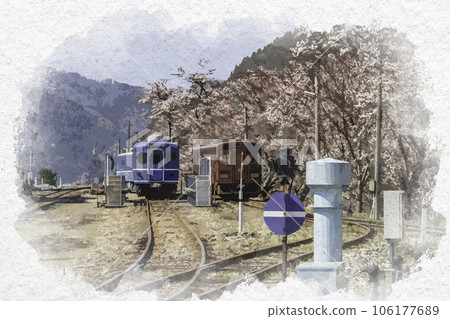 水彩風格的若狹站車 鳥取縣八津郡若狹町 106177689