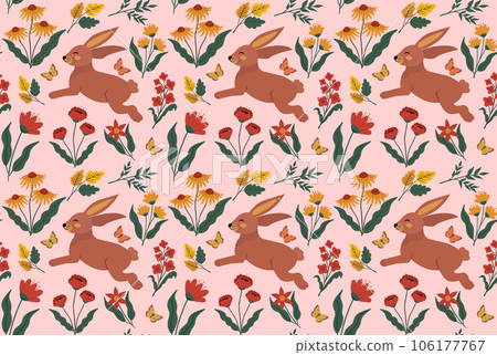 Cute, white rabbits on floral background. Seamless pattern. Vector illustration Cute, white rabbits on floral background. Seamless pattern. Vector illustration 106177767