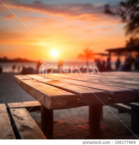 wooden empty table for mock up against blurred background with bokeh Empty wooden table top product display showcase stage. Tropical summer sunset beach bar Ai generative wooden empty table for mock up against blurred background with bokeh Empty wooden table top product display showcase stage. Tropical summer sunset beach bar Ai generative 106177869
