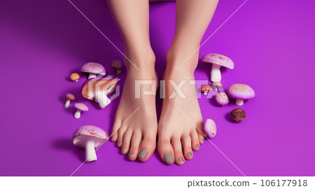 image with female bare legs, feet with mushrooms between fingers. health care. foot fungus. AI generative image with female bare legs, feet with mushrooms between fingers. health care. foot fungus. AI generative 106177918