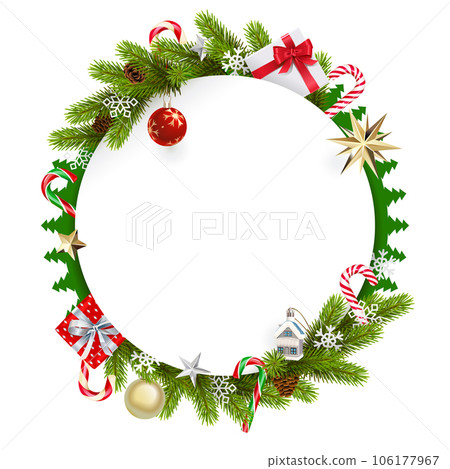 Vector Christmas Round Card with Gifts Vector Christmas Round Card with Gifts 106177967