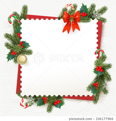 Vector Christmas Square Frame with Wooden Background 106177968