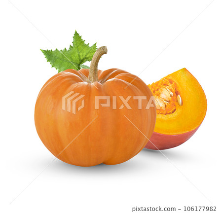 Fresh Pumpkin with lesves isolated .pumpkin is food fhigh beta carotene on white background. 106177982
