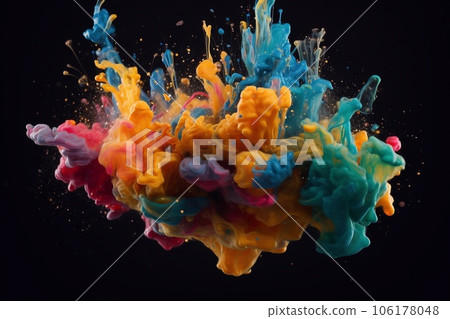 Abstract liquid color explosion colorful artistic splatter in the air on black background. Generative AI. 106178048