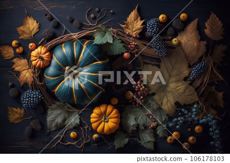 Festive autumn decor with pumpkins, berries and leaves on a dark wooden background. Concept of Thanksgiving day or Halloween. Generative AI 106178103