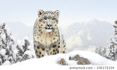 Snow leopard photo realistic illustration - Generative AI. Snow leopard photo realistic illustration - Generative AI. 106178104