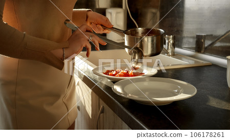 Closeup of woman pouring hot soup in bowls with ladle. Domestic food, cooking at home, housewife working. 106178261