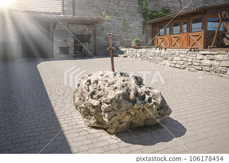 Iron sword in the stone on the square 106178454