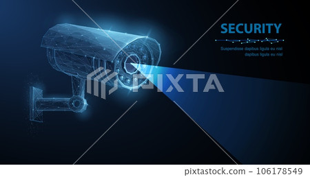 Security camera. Vector low pole illustration. Isolated on blue. Security system, smart home concept 106178549