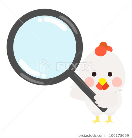 Cute little white chick holding magnifier, white chicken standing pose, front face. Isolated on white background, EPS10 vector 106178699