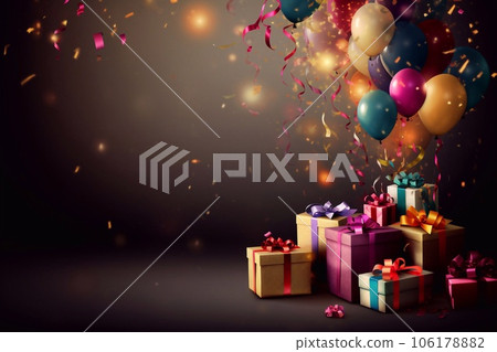 Colorful balloons, gifts. Festive background. enerative AI. Colorful balloons, gifts. Festive background. enerative AI. 106178882