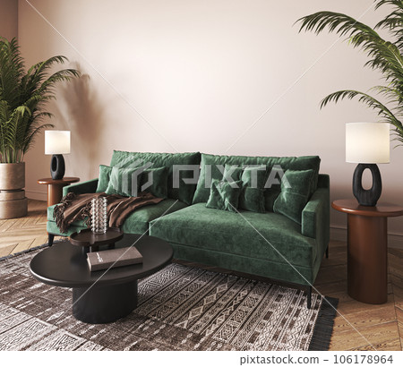Japanese beige colorful interior with green sofa and plant. Light nature scandi filled livingroom with decor - carpet. 3d rendering mock up. High quality 3d illustration 106178964