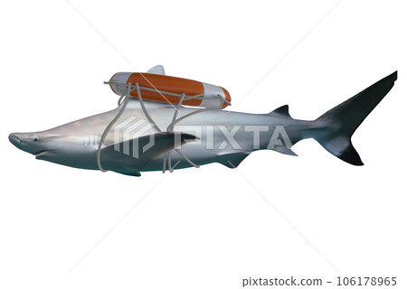 Image of a swimming white shark, predator of the sea with lifebuoy Image of a swimming white shark, predator of the sea with lifebuoy 106178965