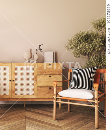 Japanese boho beige interior with armchair and ethnic commode background. Light modern australian livingroom. Mockup empty brown wall. 3d rendering. High quality 3d illustration Japanese boho beige interior with armchair and ethnic commode background. Light modern australian livingroom. Mockup empty brown wall. 3d rendering. High quality 3d illustration 106178969