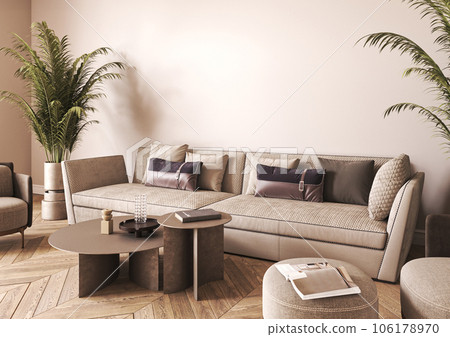 Japanese beige colorful interior with green sofa and plant. Light nature scandi filled livingroom with decor - carpet. 3d rendering mock up. High quality 3d illustration Japanese beige colorful interior with green sofa and plant. Light nature scandi filled livingroom with decor - carpet. 3d rendering mock up. High quality 3d illustration 106178970