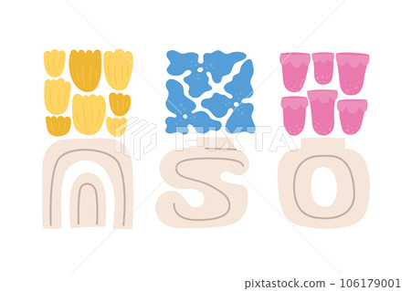 Abstract modern flowers composition in vases. Bright simple tulips, bell, hydrangea for card, poster, wall art. Abstract modern flowers composition in vases. Bright simple tulips, bell, hydrangea for card, poster, wall art. 106179001