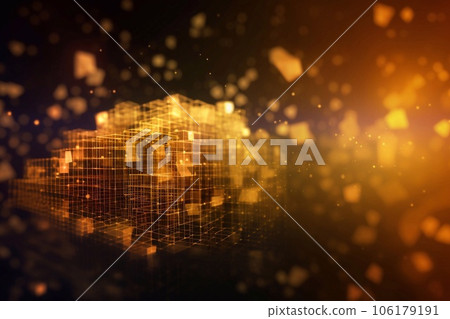digitally animated background lighted blocks and lights, intertwined networks, gold and azure, spatial concept art. Genetive AI. 106179191
