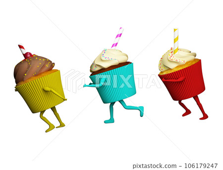 Fat cupcake with cream and candies run with legs and arms. 3d rendering Fat cupcake with cream and candies run with legs and arms. 3d rendering 106179247