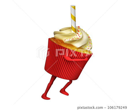 Fat cupcake with cream and candies run with legs and arms. 3d rendering 106179249