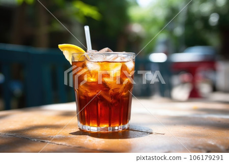 blurred background of outdoor setting with ice tea in focus 106179291