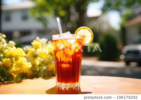 blurred background of outdoor setting with ice tea in focus 106179292