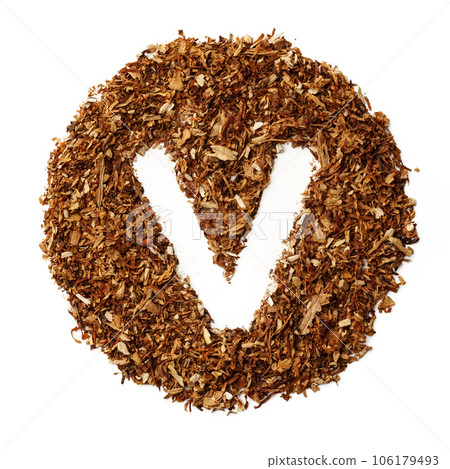 Letter V made of cigarettes dried smoking tobacco on white background Letter V made of cigarettes dried smoking tobacco on white background 106179493