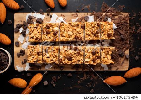 top view of a board with granola bars top view of a board with granola bars 106179494