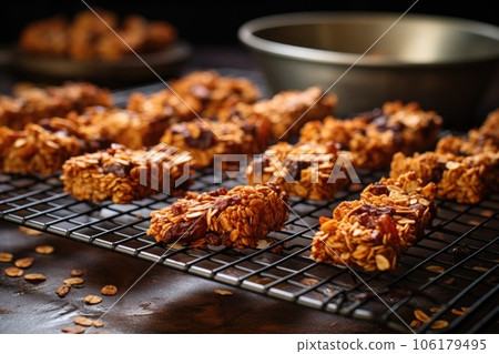 freshly baked granola bars cooling on wire rack 106179495
