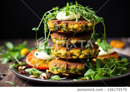 stacked falafel balls with herbs and spices 106179579