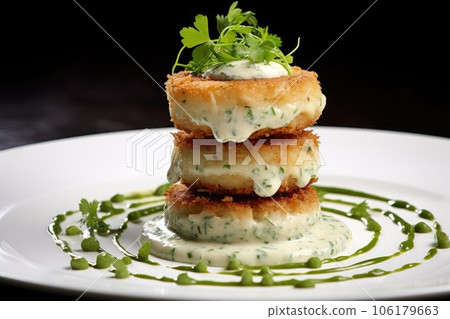 crab cakes garnished with parsley and tartar sauce 106179663