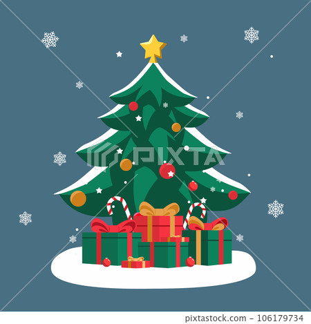 Vector illustration of decorated Christmas tree with gift boxes near it. Vector illustration of decorated Christmas tree with gift boxes near it. 106179734