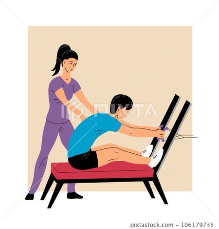 Man patient doing exercises under the supervision of woman doctor Man patient doing exercises under the supervision of woman doctor 106179735