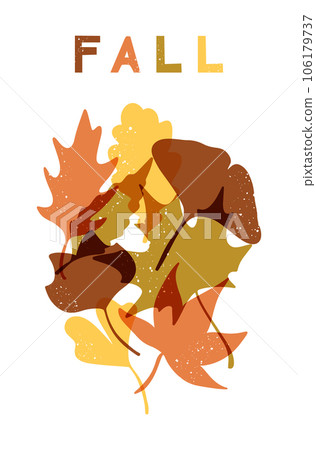 Fall risoprint composition with abstract leaves. Retro monochromatic hand drawn illustration with grunge texture. Autumn nostalgia typographic design. Perfect for background, banner, poster Fall risoprint composition with abstract leaves. Retro monochromatic hand drawn illustration with grunge texture. Autumn nostalgia typographic design. Perfect for background, banner, poster 106179737