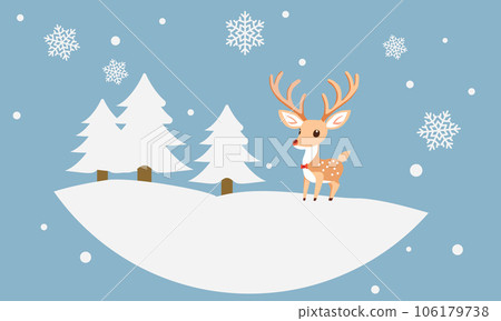 Little cute Christmas deer in the winter forest. Flat vector illustration. Little cute Christmas deer in the winter forest. Flat vector illustration. 106179738