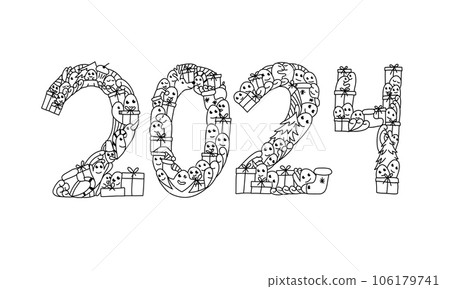 The numbers 2024 doodle with funny people, gift boxes and New Year decoration. Vector illustration. The numbers 2024 doodle with funny people, gift boxes and New Year decoration. Vector illustration. 106179741