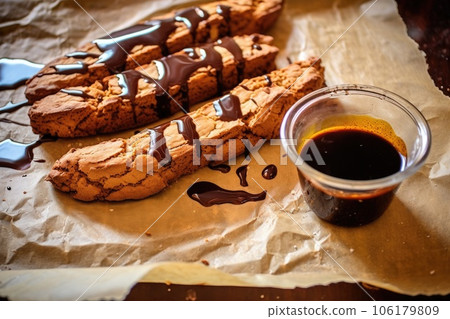 dipping biscotti in melted chocolate, on parchment paper 106179809
