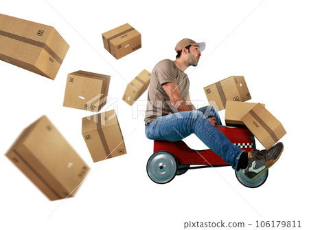 Courier drive fast with a toy car as express and rapid delivery 106179811