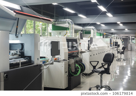 workshop with production line for printed circuit board, automatic chip mounter workshop with production line for printed circuit board, automatic chip mounter 106179814